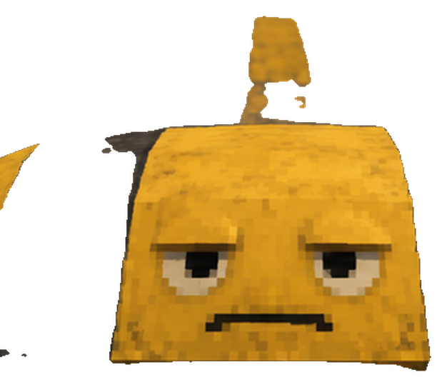 Speed Bump, a yellow block-faced speed bump with tired eyes and a flat frown