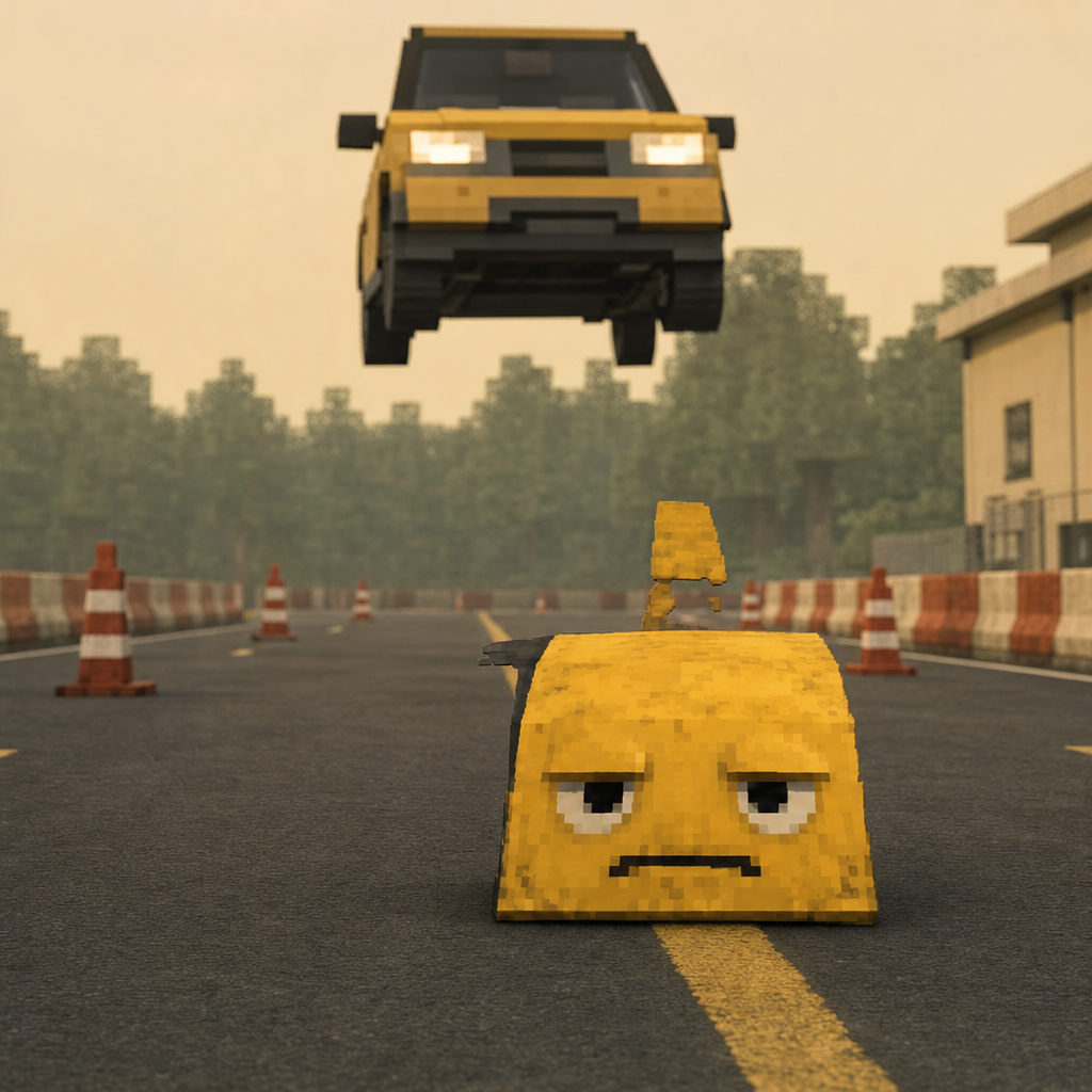A yellow car flies over Speed Bump on a road lined with traffic cones